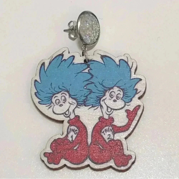 Thing 1 & Thing 2 Book Teacher Reading Librarian Die Cut Wood Earrings New NWT - Picture 2 of 3